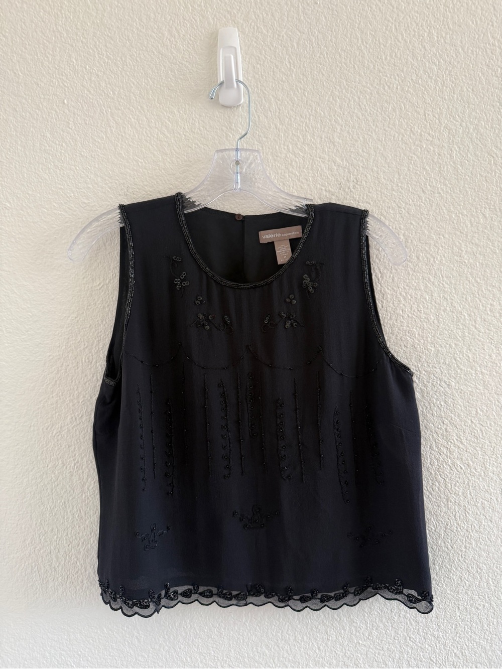 Valerie Separates Vintage 90s Silk Beaded Sleeveless Blouse Black Medium Floral